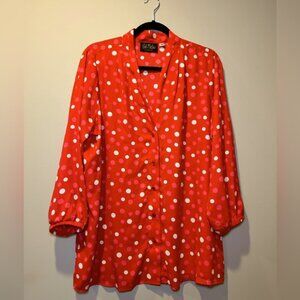 Bob Mackie Button Front Polka Dot Blouse Top Plus Size 1x V-Neck Red